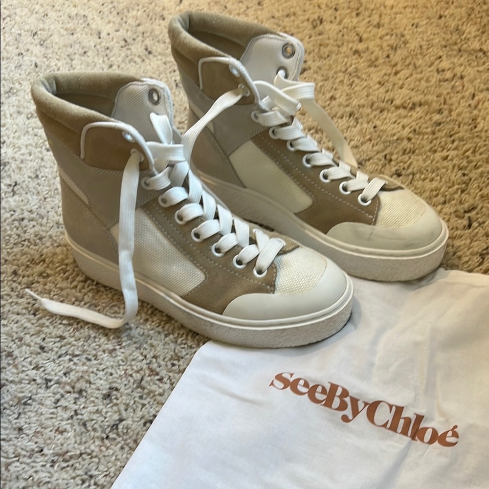 See by Chloé Beige and White High-Top Sneakers